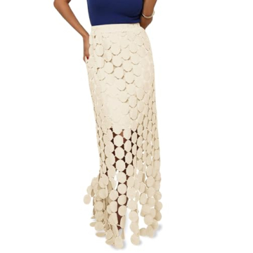 Cicy Bell Womens Hollow Out Maxi Skirts Summer High Waisted Boho Fringe Hem Long Skirt Apricot