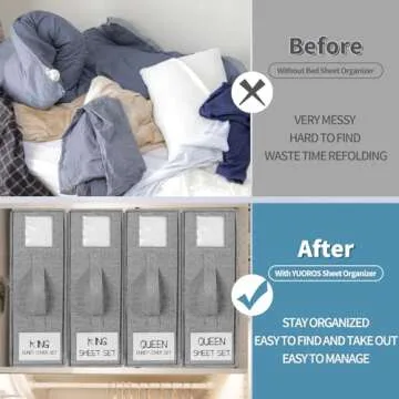 YUOROS 4 Pack Bed Sheet Organizers and Storage (Queen or King Size)， Linen Closet Storage Organize...