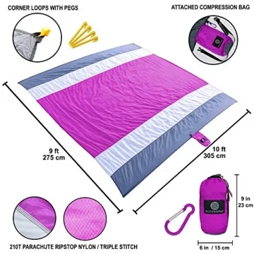 ECCOSOPHY Sandproof Beach Blanket - Oversized Sand Free Beach Mat 9'x10' - Lightweight Outdoor Picnic Blanket Anchored with 4 Corner Sand Pockets & Plastic Stakes - Heat Proof, Quick Drying & Compact