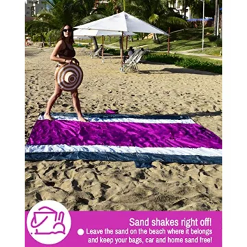 ECCOSOPHY Sandproof Beach Blanket - Oversized Sand Free Beach Mat 9'x10' - Lightweight Outdoor Picnic Blanket Anchored with 4 Corner Sand Pockets & Plastic Stakes - Heat Proof, Quick Drying & Compact