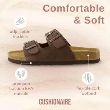 CUSHIONAIRE Lane Cork Footbed Sandals for Women – Comfortable Double Buckle Slip-On with Genuine Suede Footbed & Arch Support Slides for Women Footwear, BROWN 8.5