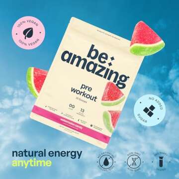 Be Amazing Pre-Workout Powder | Vegan Energy Booster Powdered Drink with All-Natural Caffeine, No Crash, No Jitters | Beam Gluten-Free Supplement with Adaptogens | Watermelon Candy, 30 Scoops