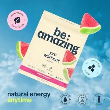 Be Amazing Pre-Workout Powder | Vegan Energy Booster Powdered Drink with All-Natural Caffeine, No Crash, No Jitters | Beam Gluten-Free Supplement with Adaptogens | Watermelon Candy, 30 Scoops