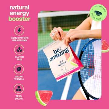 Be Amazing Pre-Workout Powder | Vegan Energy Booster Powdered Drink with All-Natural Caffeine, No Crash, No Jitters | Beam Gluten-Free Supplement with Adaptogens | Watermelon Candy, 30 Scoops