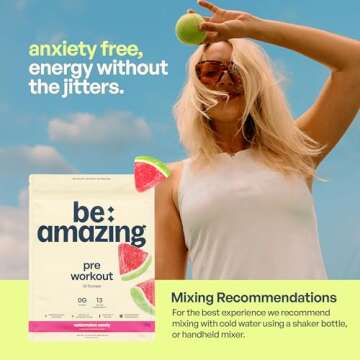 Be Amazing Pre-Workout Powder | Vegan Energy Booster Powdered Drink with All-Natural Caffeine, No Crash, No Jitters | Beam Gluten-Free Supplement with Adaptogens | Watermelon Candy, 30 Scoops