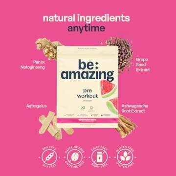Be Amazing Pre-Workout Powder | Vegan Energy Booster Powdered Drink with All-Natural Caffeine, No Crash, No Jitters | Beam Gluten-Free Supplement with Adaptogens | Watermelon Candy, 30 Scoops
