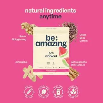 Be Amazing Pre-Workout Powder | Vegan Energy Booster Powdered Drink with All-Natural Caffeine, No Crash, No Jitters | Beam Gluten-Free Supplement with Adaptogens | Watermelon Candy, 30 Scoops