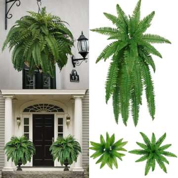 Generic Artificial Boston Ferns UV Resistant for Outdoors Large Fake Boston Ferns Lifelike Faux Greenenry Plants for Home Garden Porch Windowsill Entrance Farmhouse Decoraction 10"", 2 Pcs-26 Pieces
