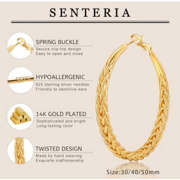 Senteria Gold Hoop Earrings for Women 14K Gold Plated Hoop Earrings Hypoallergenic Large Gold Hoop Earrings Big Gold Hoop Earrings Thick Twisted Gold Hoop Earrings