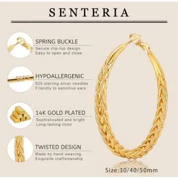 Senteria Gold Hoop Earrings for Women 14K Gold Plated Hoop Earrings Hypoallergenic Large Gold Hoop Earrings Big Gold Hoop Earrings Thick Twisted Gold Hoop Earrings