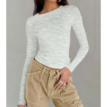 Dwnval Women Sexy Spring Casual Basic T Shirt Tops Slim Fit Crewneck Cute Long Sleeve Crop Top Blouses(Light Heather Grey, S)