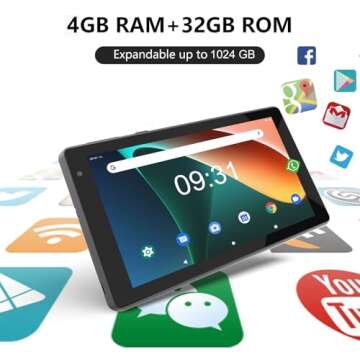 NOVOJOY 7 Inch Tablet, Tablet with Case, Android 14 Tablet PC, 32GB Storage 4GB RAM Tablets Quad-Core Processor Android Tablet PC Dual Camera, WiFi, BT Computer Tablet.(with Tablet Cover)