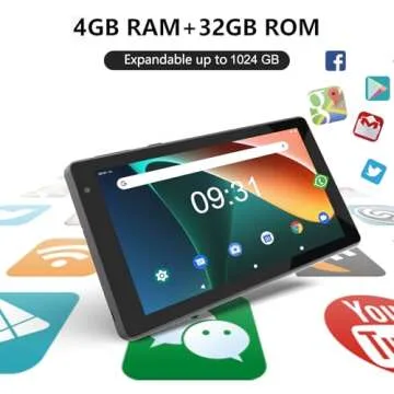 NOVOJOY 7 Inch Tablet, Tablet with Case, Android 14 Tablet PC, 32GB Storage 4GB RAM Tablets Quad-Core Processor Android Tablet PC Dual Camera, WiFi, BT Computer Tablet.(with Tablet Cover)