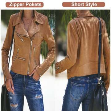 GOSOPIN Women Leather Faux Suede Zipped Motorcycle Jacket Notch Collar PU Moto Biker Short Coat Casu...