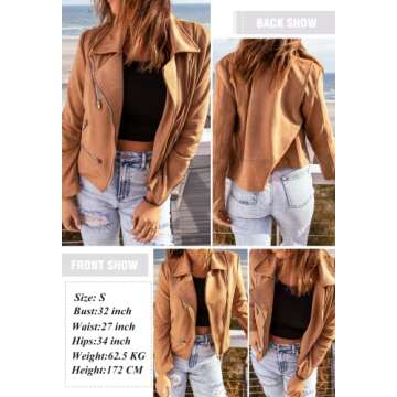 GOSOPIN Women Leather Faux Suede Zipped Motorcycle Jacket Notch Collar PU Moto Biker Short Coat Casual Fashion Zip Party Fitted Slim Outwear with Pockets Medium Brown