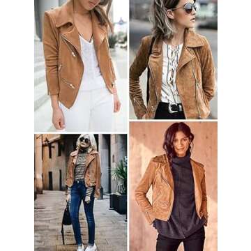 GOSOPIN Women Leather Faux Suede Zipped Motorcycle Jacket Notch Collar PU Moto Biker Short Coat Casual Fashion Zip Party Fitted Slim Outwear with Pockets Medium Brown