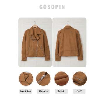 GOSOPIN Women Leather Faux Suede Zipped Motorcycle Jacket Notch Collar PU Moto Biker Short Coat Casual Fashion Zip Party Fitted Slim Outwear with Pockets Medium Brown