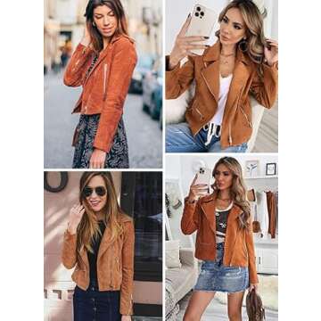 GOSOPIN Women Leather Faux Suede Zipped Motorcycle Jacket Notch Collar PU Moto Biker Short Coat Casual Fashion Zip Party Fitted Slim Outwear with Pockets Medium Brown
