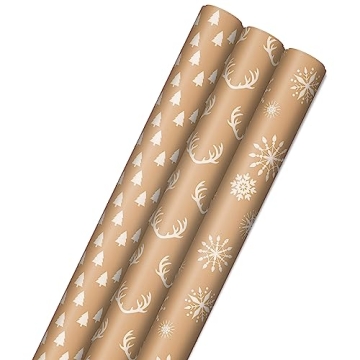 Hallmark Christmas Wrapping Paper Rolls - Minimalist Brown Kraft Trees, Antlers, Snowflakes Gift Wra...