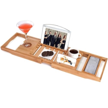 Utoplike Bamboo Bathtub Caddy Tray Bath Tray for Tub, Adjustable Bathroom Bathtub Organizer with Boo...