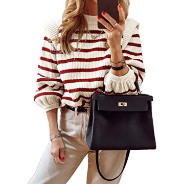 PRETTYGARDEN Women's Sweaters Casual Long Lantern Sleeve Crewneck Ribbed Knit Pullover Striped Jumpe...