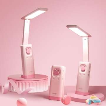 VAVOFO Desk Lamp Foldable Portable Cute Desk Lamp, Battery Powered Desk Lamp, Built-in 6000mAh Rechargeable, 3 Color Warm Pink Desk Lamp, USB C Rechargeable Desk Lamp, Cordless Desk Lamp, Battery Lamp