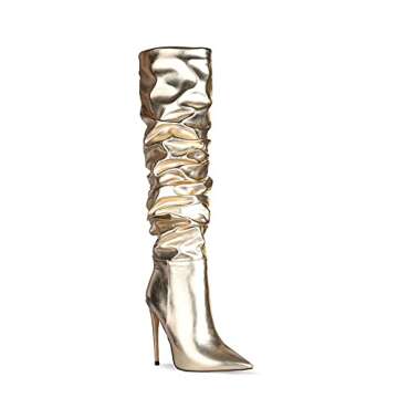 UP2STEP Women Fashion Slouchy Knee High Boots Pointed Toe High Heel Thigh High Boot Patent Mirror Stiletto Shoes Gold Size 7