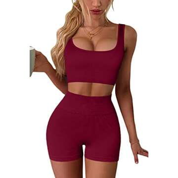 QINSEN Women Booty Shorts Set Workout Outfit 2 Pieces Seamless Yoga Leggings Sports Bra Wine S