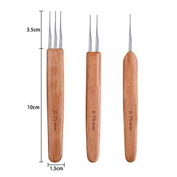 Zonon 3 Pieces 0.75 mm Dreadlock Crochet Hook Bamboo Needle Weaving Crochet, Include 1 Hook, 2 Hooks, 3 Hooks for Dreadlock Supplies