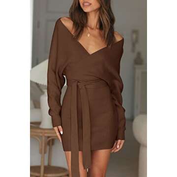 ZESICA Women's Fall Long Batwing Sleeve Wrap V Neck Knitted Backless Bodycon Pullover Sweater Dress ...