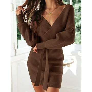 ZESICA Women's Fall Long Batwing Sleeve Wrap V Neck Knitted Backless Bodycon Pullover Sweater Dress with Belt,Brown,Medium