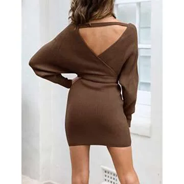 ZESICA Women's Fall Long Batwing Sleeve Wrap V Neck Knitted Backless Bodycon Pullover Sweater Dress with Belt,Brown,Medium