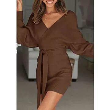 ZESICA Women's Fall Long Batwing Sleeve Wrap V Neck Knitted Backless Bodycon Pullover Sweater Dress with Belt,Brown,Medium