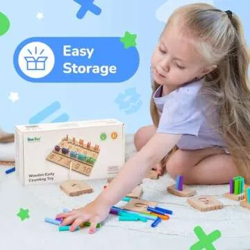 Bimi Boo Montessori Counting Pegs and Number Tracing Boards for Kids - Wooden Math Toy for Toddlers and Preschoolers - Math Manipulatives for Kindergarten (55 Pegs, 10 Boards, 1 Pen)