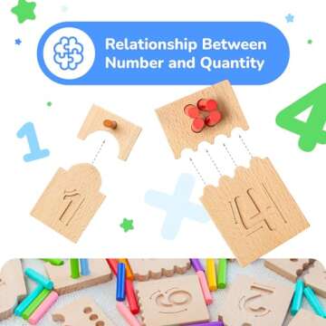 Bimi Boo Montessori Counting Pegs and Number Tracing Boards for Kids - Wooden Math Toy for Toddlers and Preschoolers - Math Manipulatives for Kindergarten (55 Pegs, 10 Boards, 1 Pen)