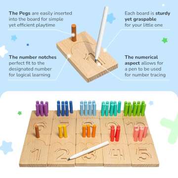 Bimi Boo Montessori Counting Pegs and Number Tracing Boards for Kids - Wooden Math Toy for Toddlers and Preschoolers - Math Manipulatives for Kindergarten (55 Pegs, 10 Boards, 1 Pen)