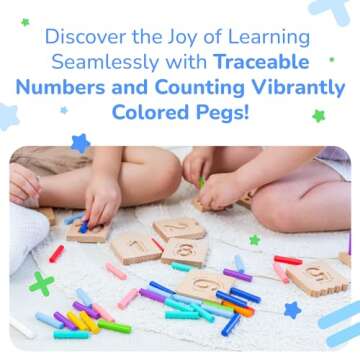 Bimi Boo Montessori Counting Pegs and Number Tracing Boards for Kids - Wooden Math Toy for Toddlers and Preschoolers - Math Manipulatives for Kindergarten (55 Pegs, 10 Boards, 1 Pen)