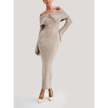 Tenbip Womens Off The Shoulder Knitted Long Dress Fall Winter Long Sleeve Party Club Bodycon Sweater Maxi Dress (Apricot,Large,Large)