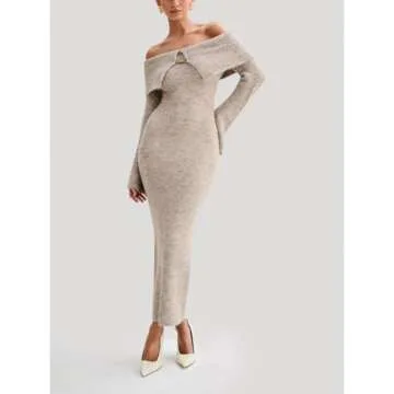 Tenbip Womens Off The Shoulder Knitted Long Dress Fall Winter Long Sleeve Party Club Bodycon Sweater Maxi Dress (Apricot,Large,Large)