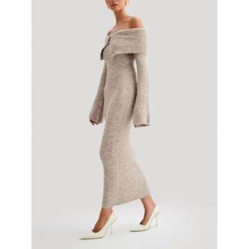 Tenbip Womens Off The Shoulder Knitted Long Dress Fall Winter Long Sleeve Party Club Bodycon Sweater Maxi Dress (Apricot,Large,Large)