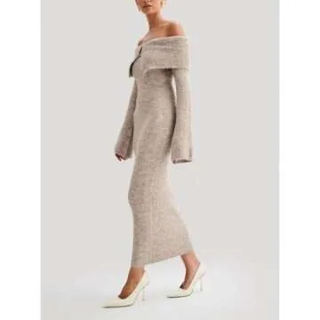 Tenbip Womens Off The Shoulder Knitted Long Dress Fall Winter Long Sleeve Party Club Bodycon Sweater Maxi Dress (Apricot,Large,Large)