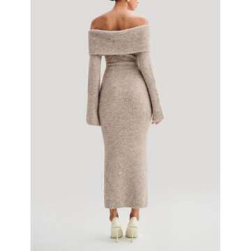 Tenbip Womens Off The Shoulder Knitted Long Dress Fall Winter Long Sleeve Party Club Bodycon Sweater Maxi Dress (Apricot,Large,Large)