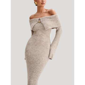 Tenbip Womens Off The Shoulder Knitted Long Dress Fall Winter Long Sleeve Party Club Bodycon Sweater Maxi Dress (Apricot,Large,Large)