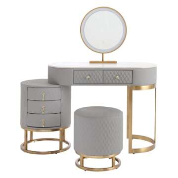 FUKAYI Faux Leather Makeup Vanity Desk Set with LED Lighted Mirror and Drawers