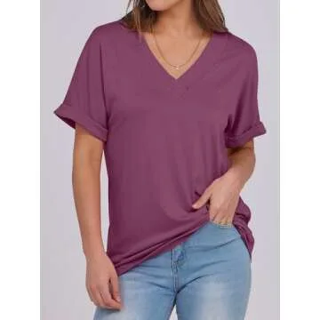 ANRABESS Womens Tops Short Sleeve V Neck T-Shirts Summer Loose Fit Dressy Business Casual Blouse Shirts 2025 Trendy Clothes Wine Red Large