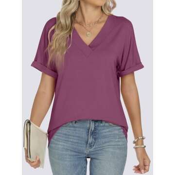 ANRABESS Womens Tops Short Sleeve V Neck T-Shirts Summer Loose Fit Dressy Business Casual Blouse Shirts 2025 Trendy Clothes Wine Red Large