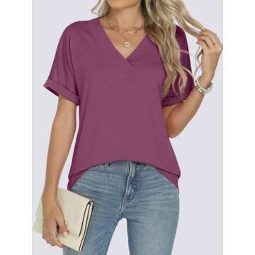 ANRABESS Womens Tops Short Sleeve V Neck T-Shirts Summer Loose Fit Dressy Business Casual Blouse Shirts 2025 Trendy Clothes Wine Red Large