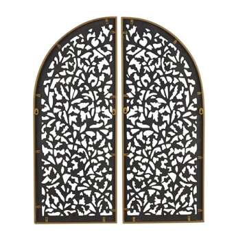 Deco 79 Wooden Floral Handmade Home Wall Decor Arched Wall Sculpture with Intricate Carvings, Set of 2 Wall Art 15" W, 36" H, Brown