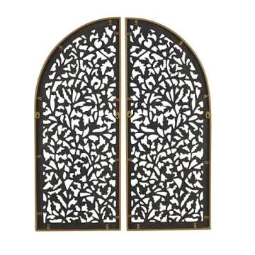 Deco 79 Wooden Floral Handmade Home Wall Decor Arched Wall Sculpture with Intricate Carvings, Set of 2 Wall Art 15" W, 36" H, Brown