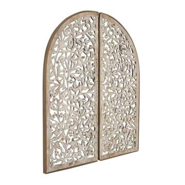 Deco 79 Wooden Floral Handmade Home Wall Decor Arched Wall Sculpture with Intricate Carvings, Set of 2 Wall Art 15" W, 36" H, Brown